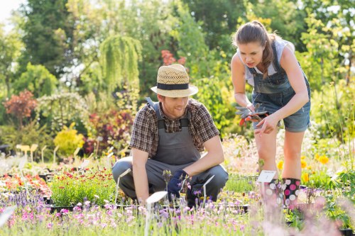 Gardener team discussing garden plan beside tools